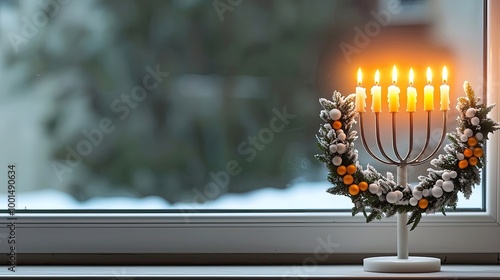 A Menorah with lit candles stands beside a window, adorned with flowers, against a backdrop of a snowy landscape. photo