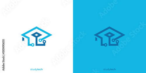 Study Tech Logo. College, Graduate Cap, Campus, Education Logo Designs. Graduate Cap with Technology Symbol Logo Designs Vector Illustration