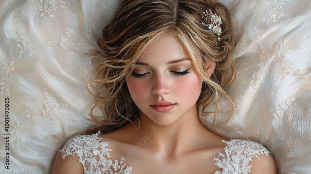 The bride lies calmly, hair styled beautifully and makeup applied subtly, preparing for her special day with a tranquil expression The bride lies calmly, hair styled beautifully and makeup applied subtly, preparing for her special day with a tranquil expression