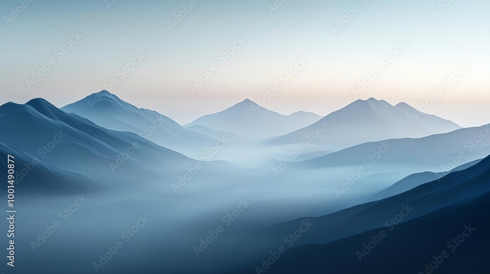Fog-covered valley, distant mountains, soft lighting, 3D illustration Fog-covered valley, distant mountains, soft lighting, 3D illustration