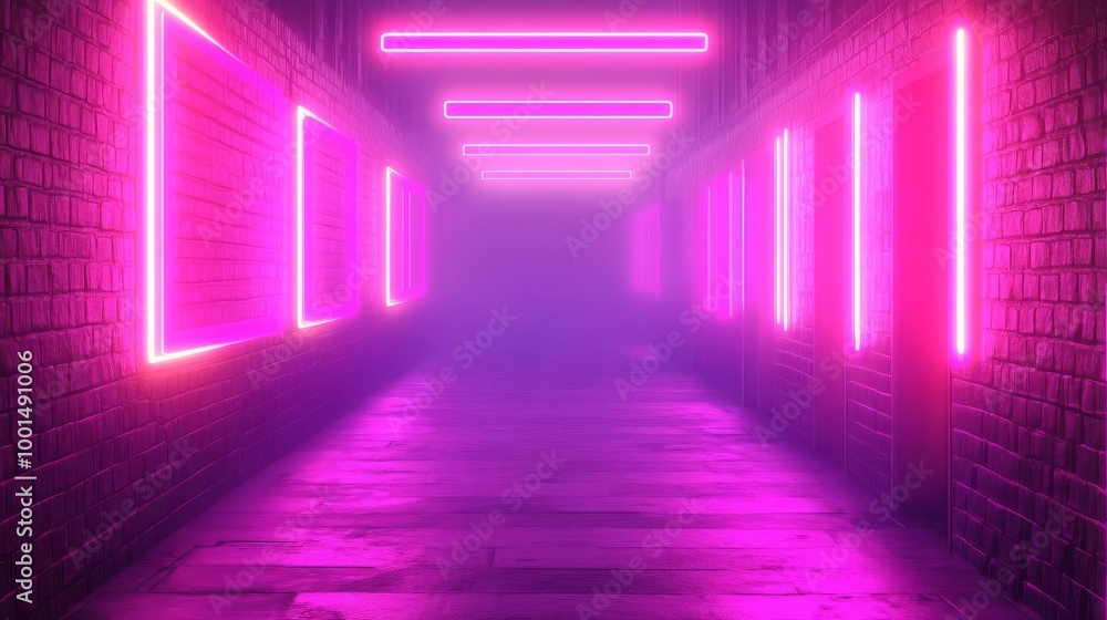 Fog-filled alley, neon signs glowing, cyberpunk atmosphere, 3D illustration Fog-filled alley, neon signs glowing, cyberpunk atmosphere, 3D illustration