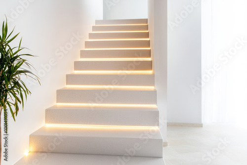 Modern staircase with elegant lighting in a bright  minimalistic interior  showcasing a stylish architectural design.
