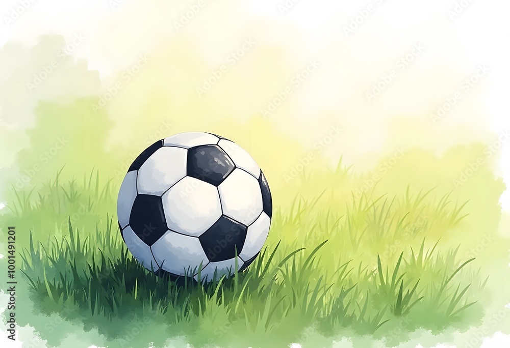 Fototapeta premium Football ball composition with soccer ball lying on the grass on the football field vector illustration 