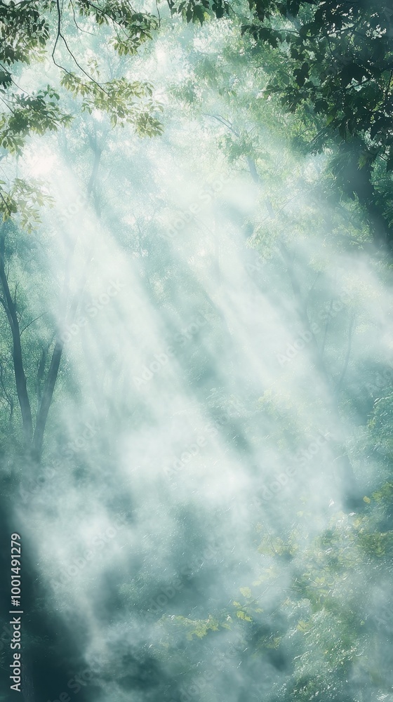 Soft fog blankets the forest while sunlight streams through, creating a peaceful ambiance Soft fog blankets the forest while sunlight streams through, creating a peaceful ambiance