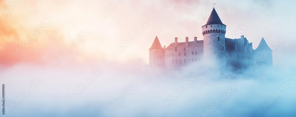 Naklejka premium Foggy castle, surrounded by mist, medieval charm, 3D illustration