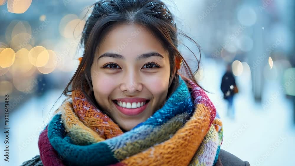 A cheerful young woman stands in a snowy landscape, showcasing her colorful scarf while snowflakes gently fall around her, creating a tranquil atmosphere. A cheerful young woman stands in a snowy landscape, showcasing her colorful scarf while snowflakes gently fall around her, creating a tranquil atmosphere.