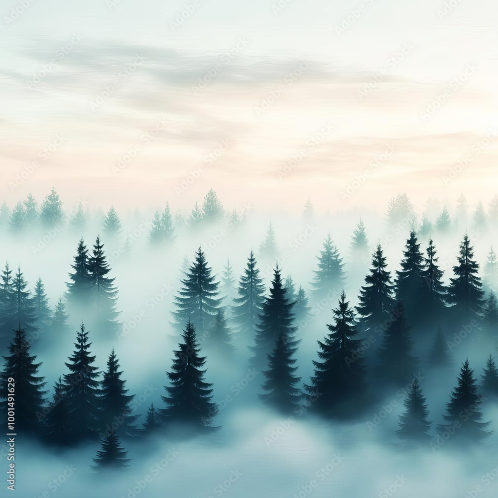Foggy forest, soft cloud layers, mysterious ambiance, 3D illustration Foggy forest, soft cloud layers, mysterious ambiance, 3D illustration
