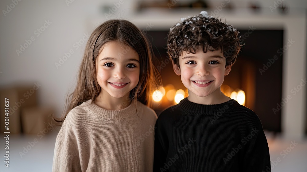 Two smiling children in cozy sweaters stand together by a softly glowing fireplace, radiating warmth and joy. Two smiling children in cozy sweaters stand together by a softly glowing fireplace, radiating warmth and joy.