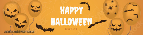 Happy Halloween banner design. Party invitation orange template with creepy flying balloons with evil smiles and skull face expression, spooky spiders print and flying black bats. Vector illustration.