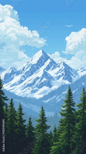 A towering mountain range features snow-capped peaks and lush evergreen trees in the foreground