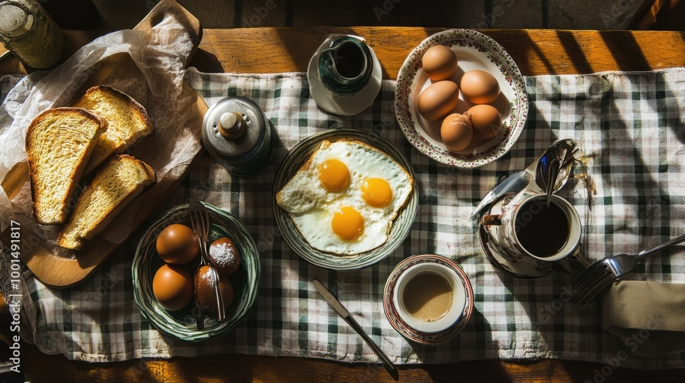 A traditional breakfast table set with eggs, toast, and coffee on a checkered cloth, creating a homely and classic scene. A traditional breakfast table set with eggs, toast, and coffee on a checkered cloth, creating a homely and classic scene.