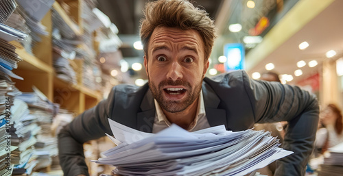 Professionals trying to balance piles of paperwork while rushing through a busy office. photo