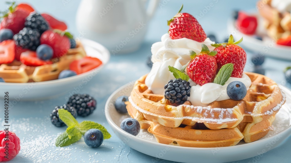 Whole grain waffles with fresh fruit and yogurt, bright kitchen Whole grain waffles with fresh fruit and yogurt, bright kitchen