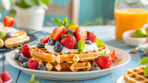 Whole grain waffles with fresh fruit and yogurt, bright kitchen