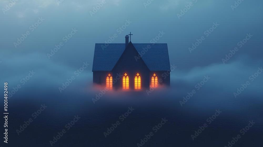 Ghostly fog, enveloping an old church, glowing windows, 3D illustration Ghostly fog, enveloping an old church, glowing windows, 3D illustration