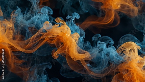 Abstract smoke swirling in blue and orange hues.