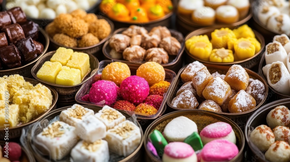 A variety of festival sweets from around the globe, presented in lavish containers, ready for celebration. A variety of festival sweets from around the globe, presented in lavish containers, ready for celebration.