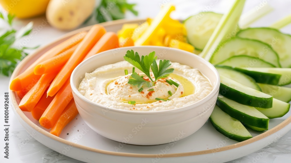 Hummus dip with assorted vegetable sticks, served on a platter, colorful and fresh Hummus dip with assorted vegetable sticks, served on a platter, colorful and fresh
