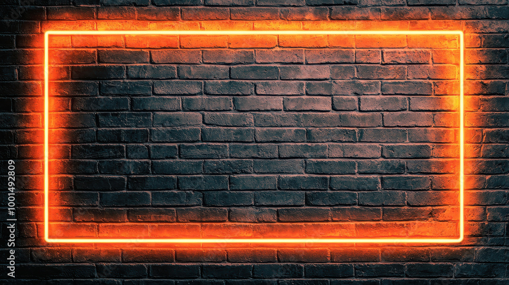 An illuminated orange neon frame outline on a textured brick wall, perfect for creating vibrant art displays or advertisements. An illuminated orange neon frame outline on a textured brick wall, perfect for creating vibrant art displays or advertisements.