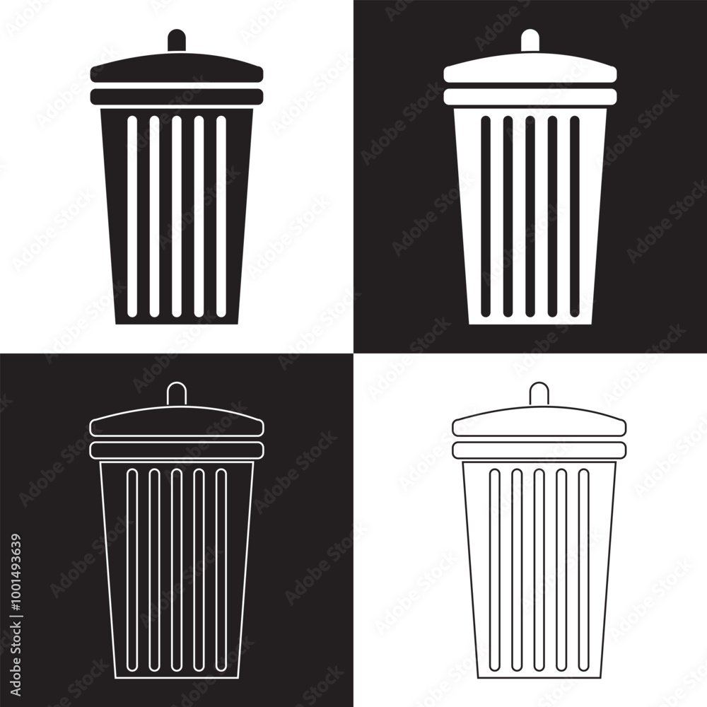 Trash bin icons. Dustbin, trash sign icon. Waste, delete symbol. Vector illustration isolated on white and black background. EPS 10 Trash bin icons. Dustbin, trash sign icon. Waste, delete symbol. Vector illustration isolated on white and black background. EPS 10