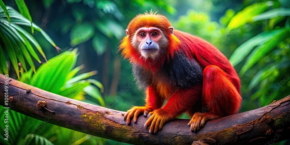 Curious Monkey with Striking Red Face Sitting on Branch in Lush Green Forest Environment Curious Monkey with Striking Red Face Sitting on Branch in Lush Green Forest Environment