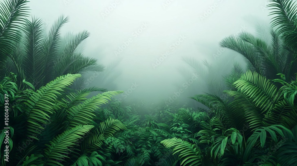 Misty rain forest, dense vegetation, ambient fog, 3D illustration Misty rain forest, dense vegetation, ambient fog, 3D illustration