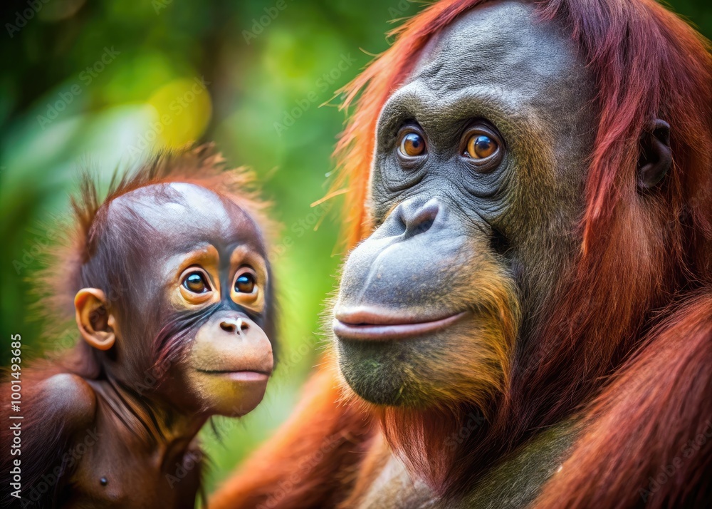 Curious Orangutan Observing a Baby in a Natural Habitat, Captivating Moment in Wildlife Photography Curious Orangutan Observing a Baby in a Natural Habitat, Captivating Moment in Wildlife Photography