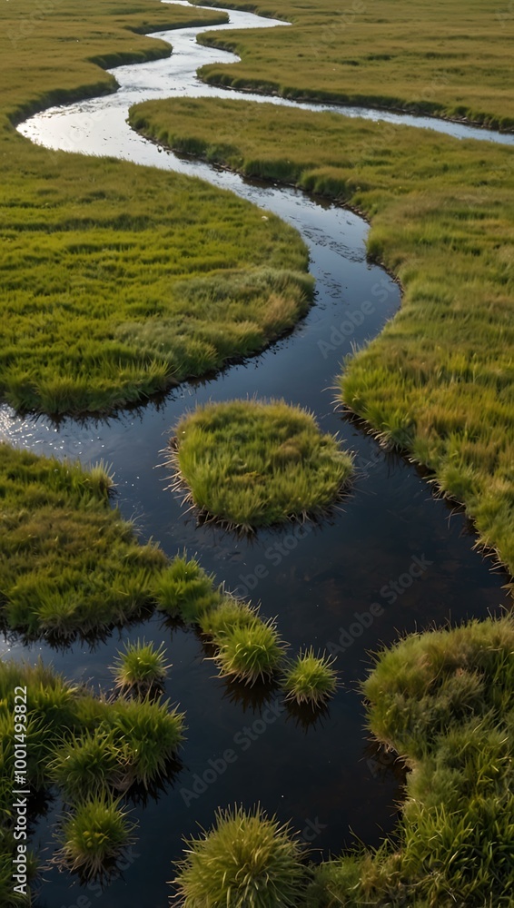 Aerial shot of a winding river in grassland. Aerial shot of a winding river in grassland.