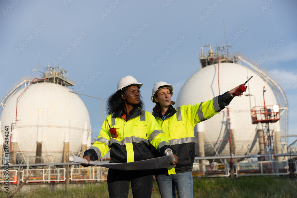 A Female Chief Petrochemical Engineer and a black female Engineer with a production plan document and blueprints with safety coveralls are discussing and analyzing the production performance of oil an A Female Chief Petrochemical Engineer and a black female Engineer with a production plan document and blueprints with safety coveralls are discussing and analyzing the production performance of oil an