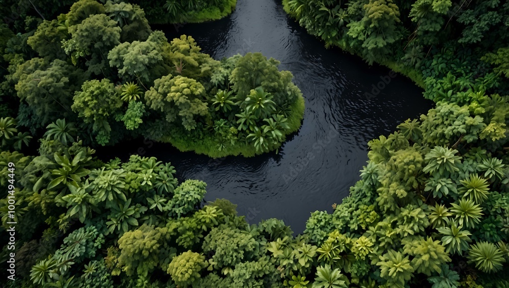 Aerial view of a river flowing through lush rainforest. Aerial view of a river flowing through lush rainforest.