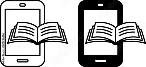 E-Book Icons. Black and White Vector Icons. Mobile Phone and Open Book. Distance Learning, Online School, E-Learning. Online Education Concept