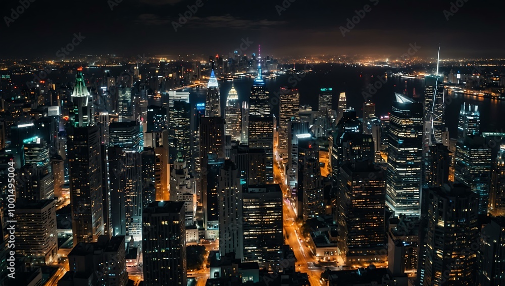 Aerial view of a vibrant city skyline at night. Aerial view of a vibrant city skyline at night.