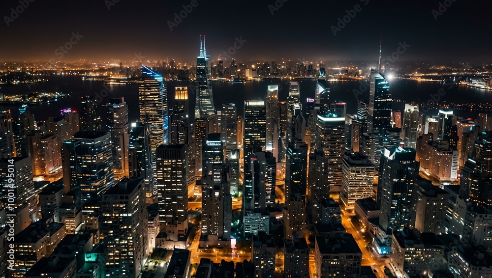 Aerial view of a vibrant city skyline at night. Aerial view of a vibrant city skyline at night.