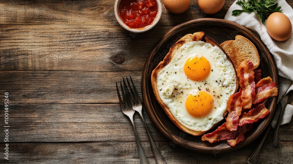 A warm breakfast setup with eggs, bacon, and toast on a rustic wooden table, creating a cozy morning scene. A warm breakfast setup with eggs, bacon, and toast on a rustic wooden table, creating a cozy morning scene.