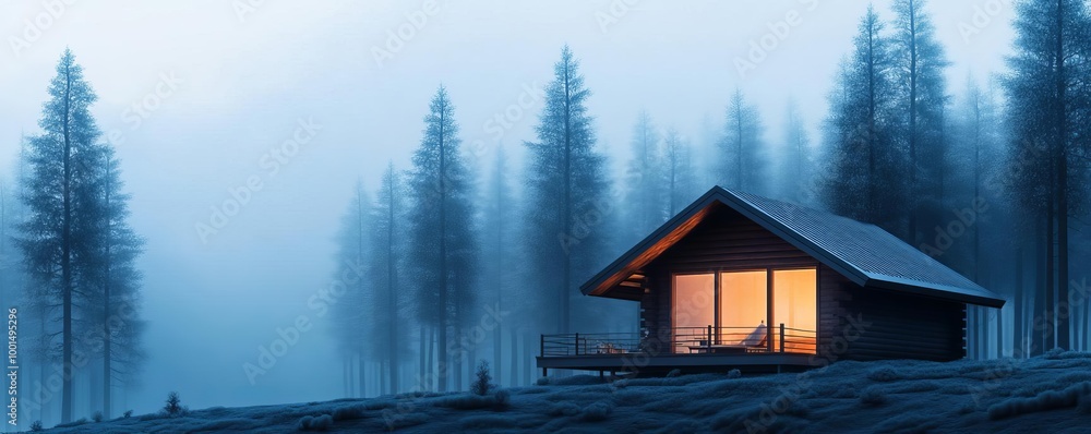 Fototapeta premium Secluded cabin, nestled in foggy woods, warm light, 3D illustration