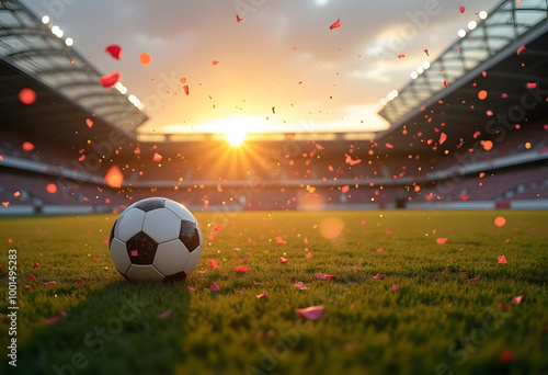 Classic soccer ball or football on green grass field with blurred lights.
 photo