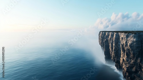 Seaside cliff, fog rolling in, ocean waves, 3D illustration