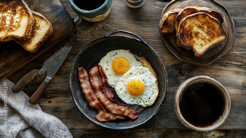 A warm breakfast setup with eggs, bacon, and toast on a rustic wooden table, creating a cozy morning scene.