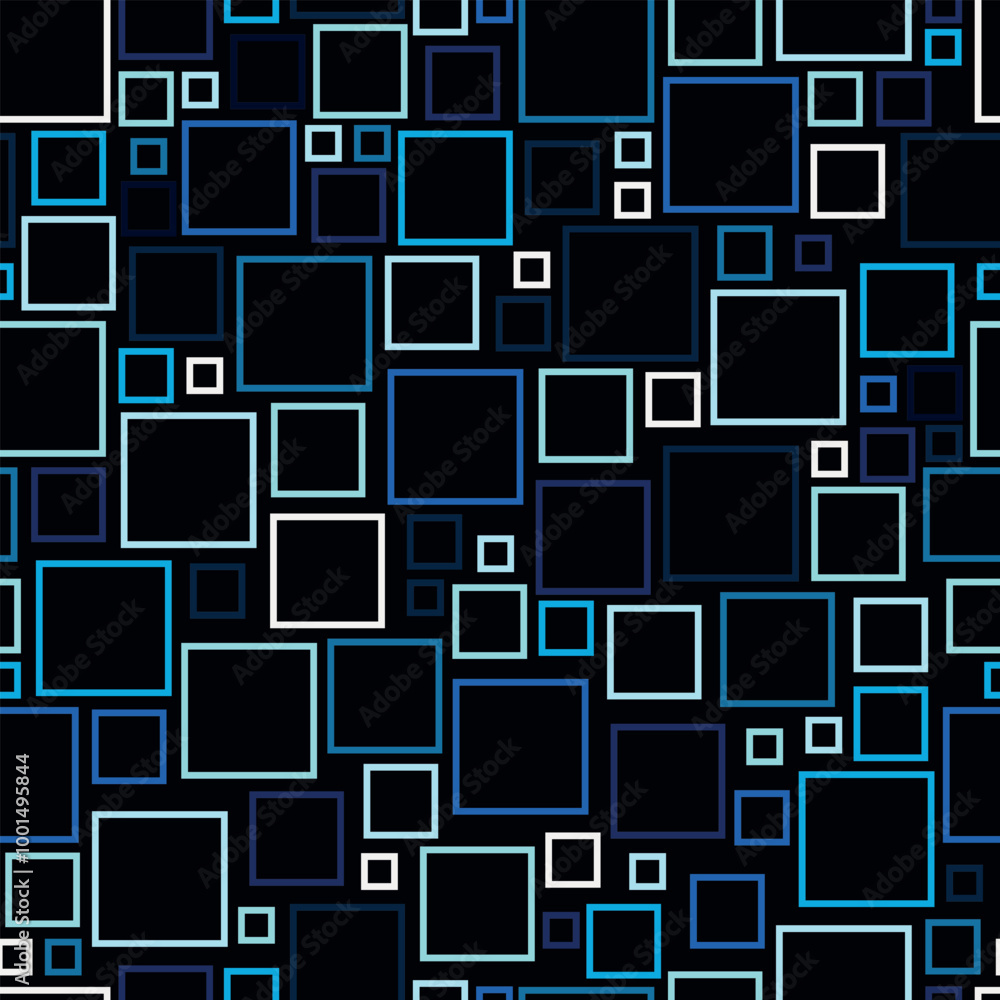 Seamless pattern with squares in blue and white shades on a dark background. Abstract background. Vector illustration for prints on fabrics, packaging, covers and for interior and scene decoration