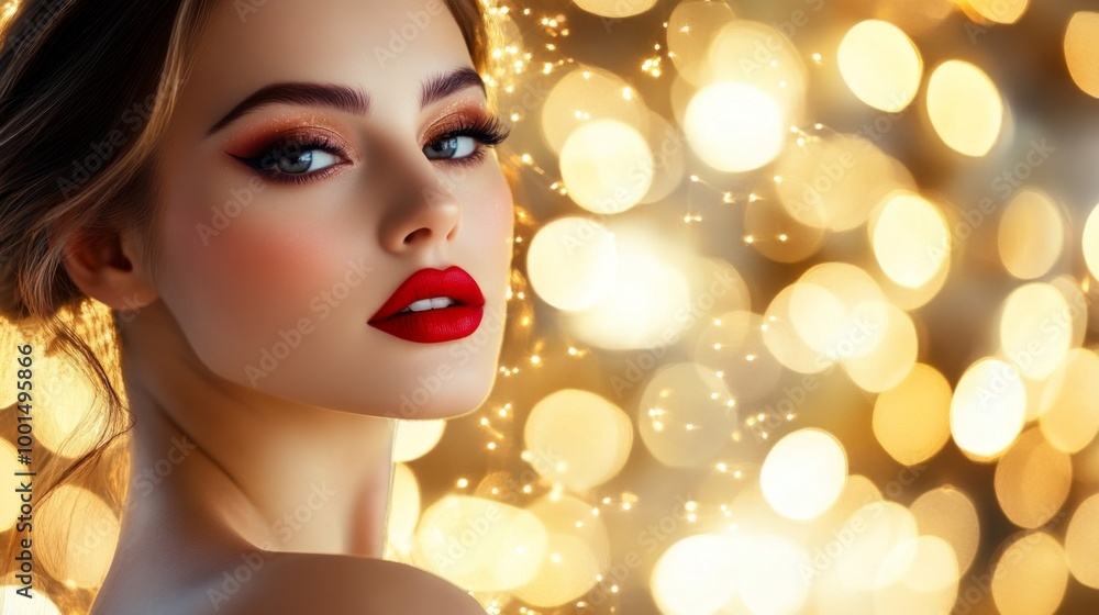 A glamorous portrait of a woman in evening makeup, featuring bold red lips and shimmering eyeshadow, set against a soft-focus backdrop of twinkling lights. A glamorous portrait of a woman in evening makeup, featuring bold red lips and shimmering eyeshadow, set against a soft-focus backdrop of twinkling lights.