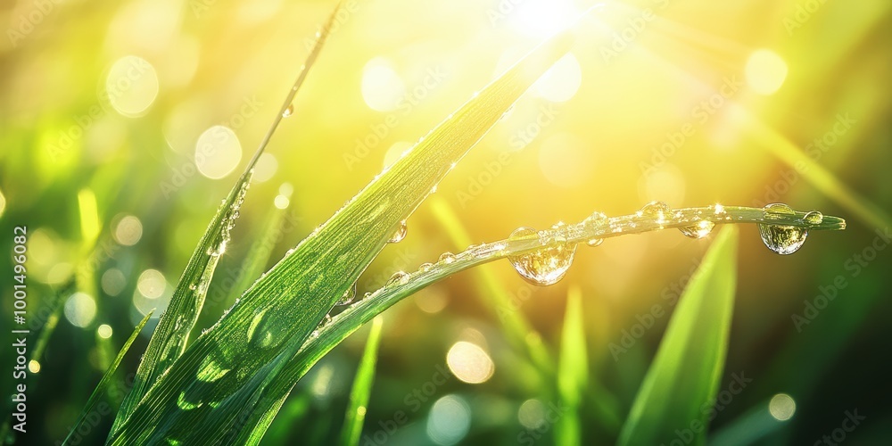 Fototapeta premium Sparkling Water Droplets on Green Grass Blades
