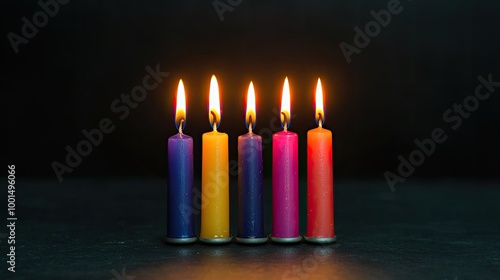 A vibrant display of six colorful candles with glowing flames, arranged against a dark background, creating a warm and inviting atmosphere. photo