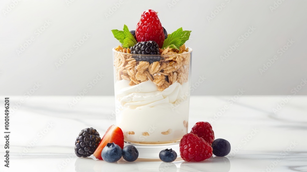 Greek yogurt parfait with layered granola, mixed berries, and honey drizzle, fresh and light Greek yogurt parfait with layered granola, mixed berries, and honey drizzle, fresh and light