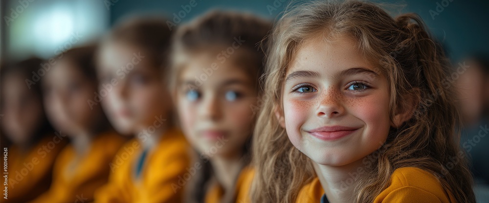 Portrait of a smiling young girl with her friends in the background Portrait of a smiling young girl with her friends in the background