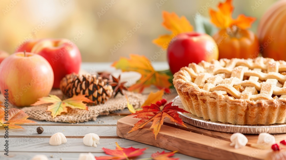 Fototapeta premium Rustic apple pie on a table with autumn decorations, warm and inviting