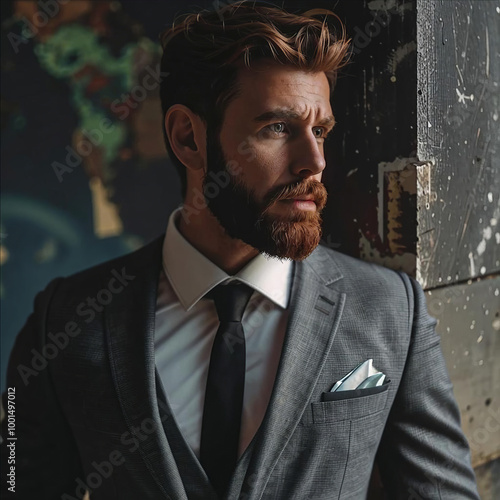 A distinguished man with a well-groomed beard and sharp features, dressed in a tailored gray suit, exudes sophistication and confidence in a stylish indoor setting photo