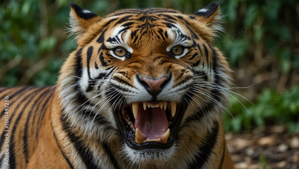 Aggressive tiger showing its teeth in the jungle. Aggressive tiger showing its teeth in the jungle.