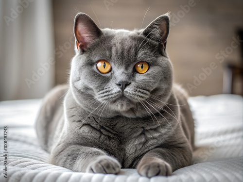 Wallpaper Mural A majestic gray British Shorthair cat with bright amber eyes, lounging on a white bed, creating a cozy and peaceful atmosphere. Torontodigital.ca