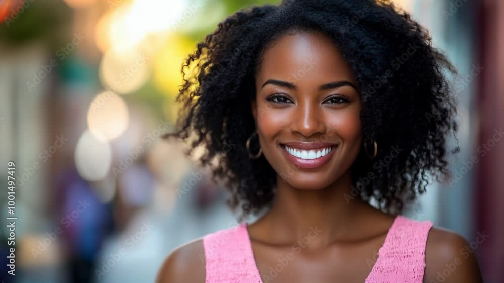 Happy black woman student smiling on a sunny street while wearing a pink outfit and enjoying a lively day outdoors Happy black woman student smiling on a sunny street while wearing a pink outfit and enjoying a lively day outdoors