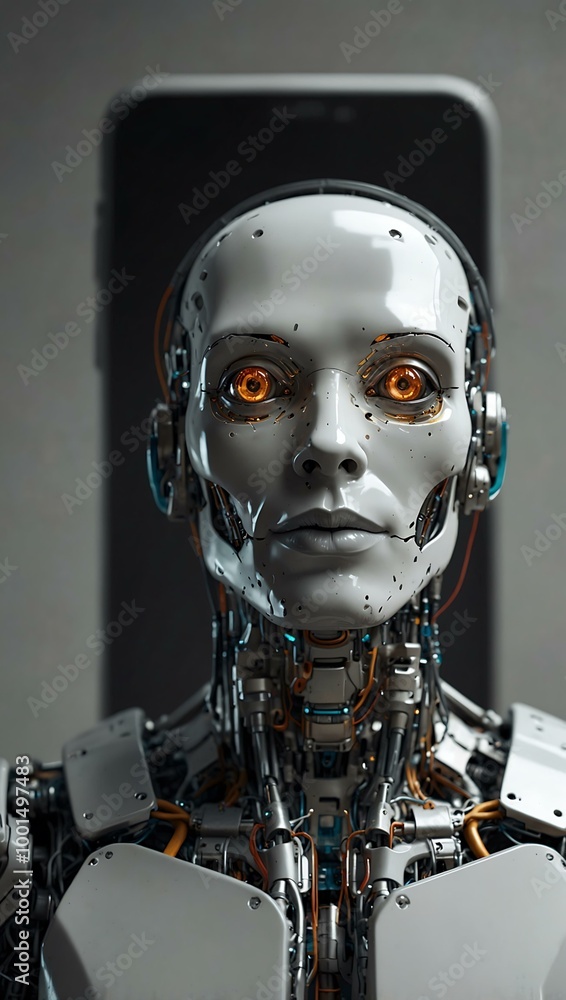 AI-generated portrait of an android robot for tech support concept. AI-generated portrait of an android robot for tech support concept.
